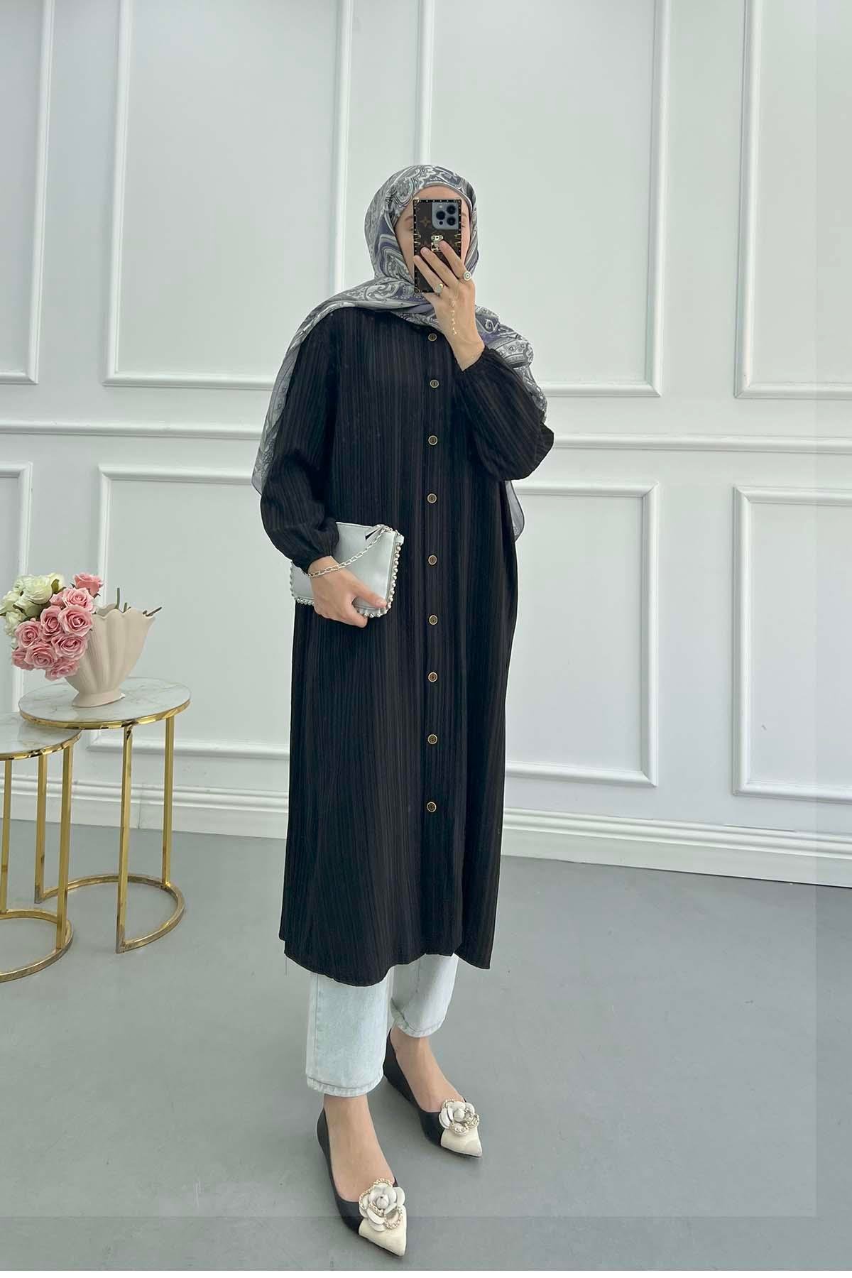 Sare Fashion Textured Fabric Elastic Sleeve Shirt Black