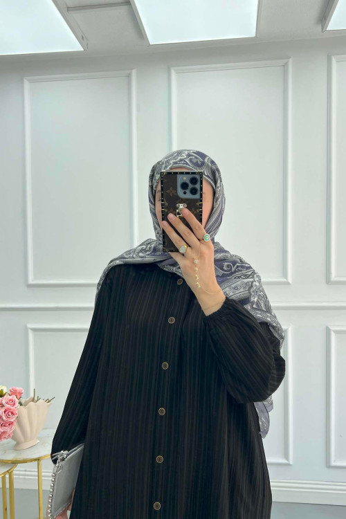 Sare Fashion Textured Fabric Elastic Sleeve Shirt Black