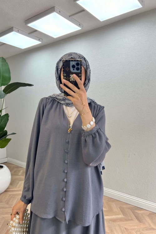 Sare Fashion Button Detailed Aerobin Shirt Set Gray