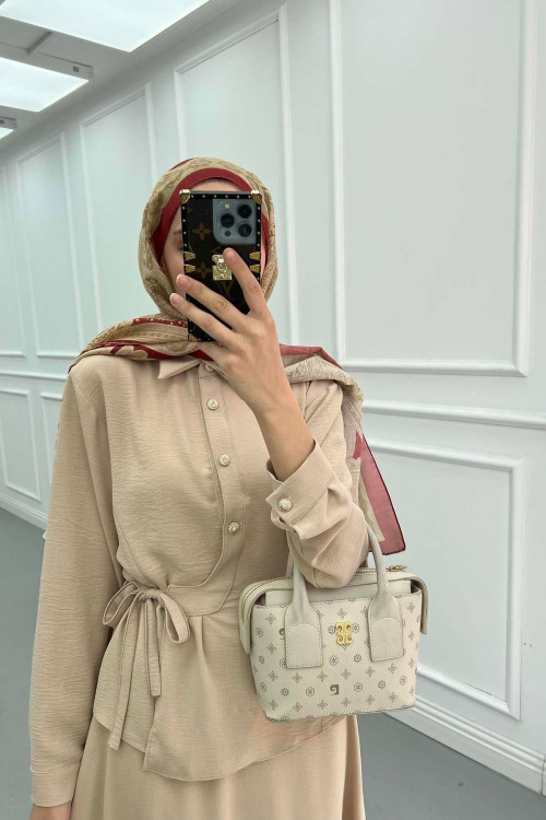 Sare Fashion Button Detailed Tie Suit Beige