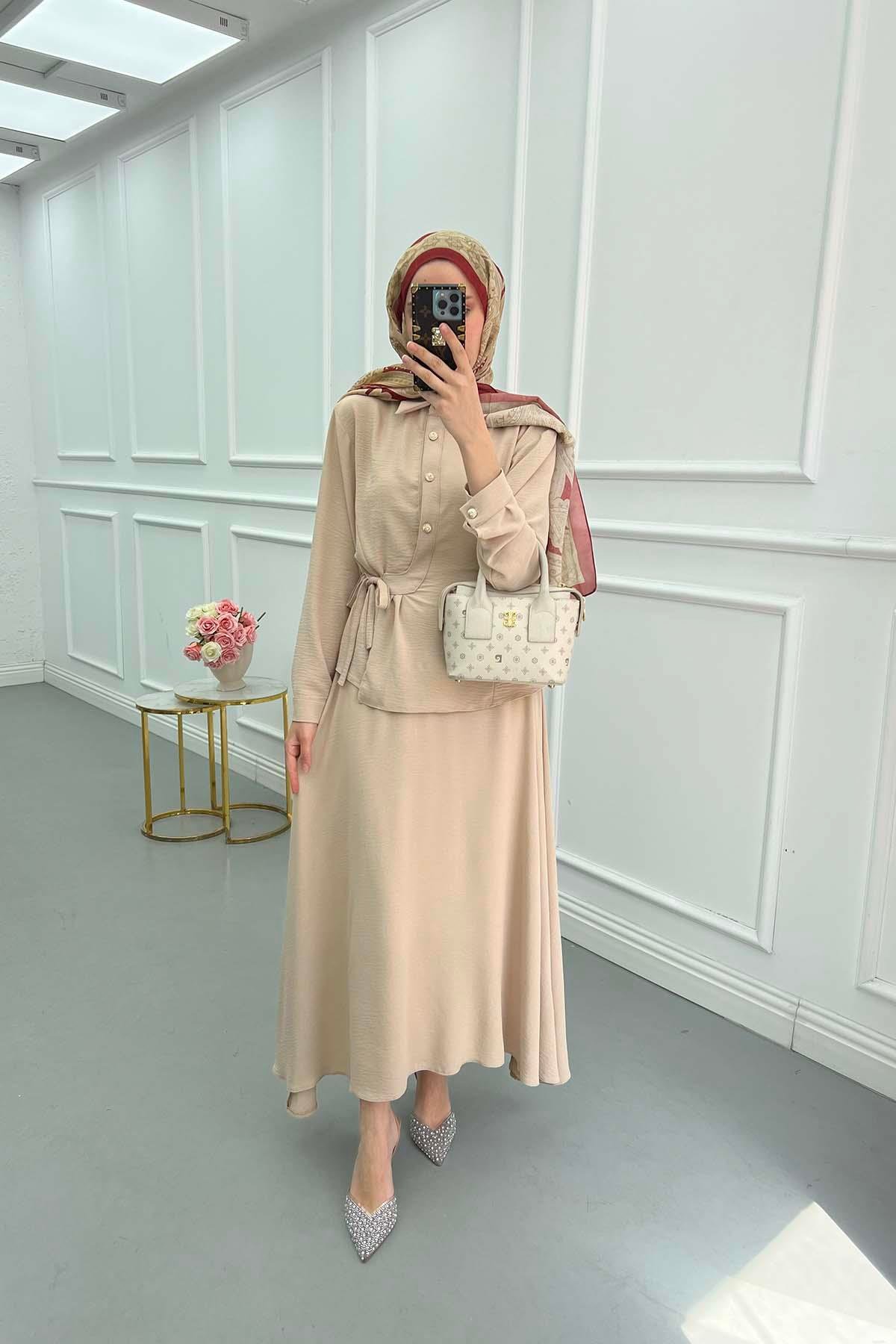 Sare Fashion Button Detailed Tie Suit Beige