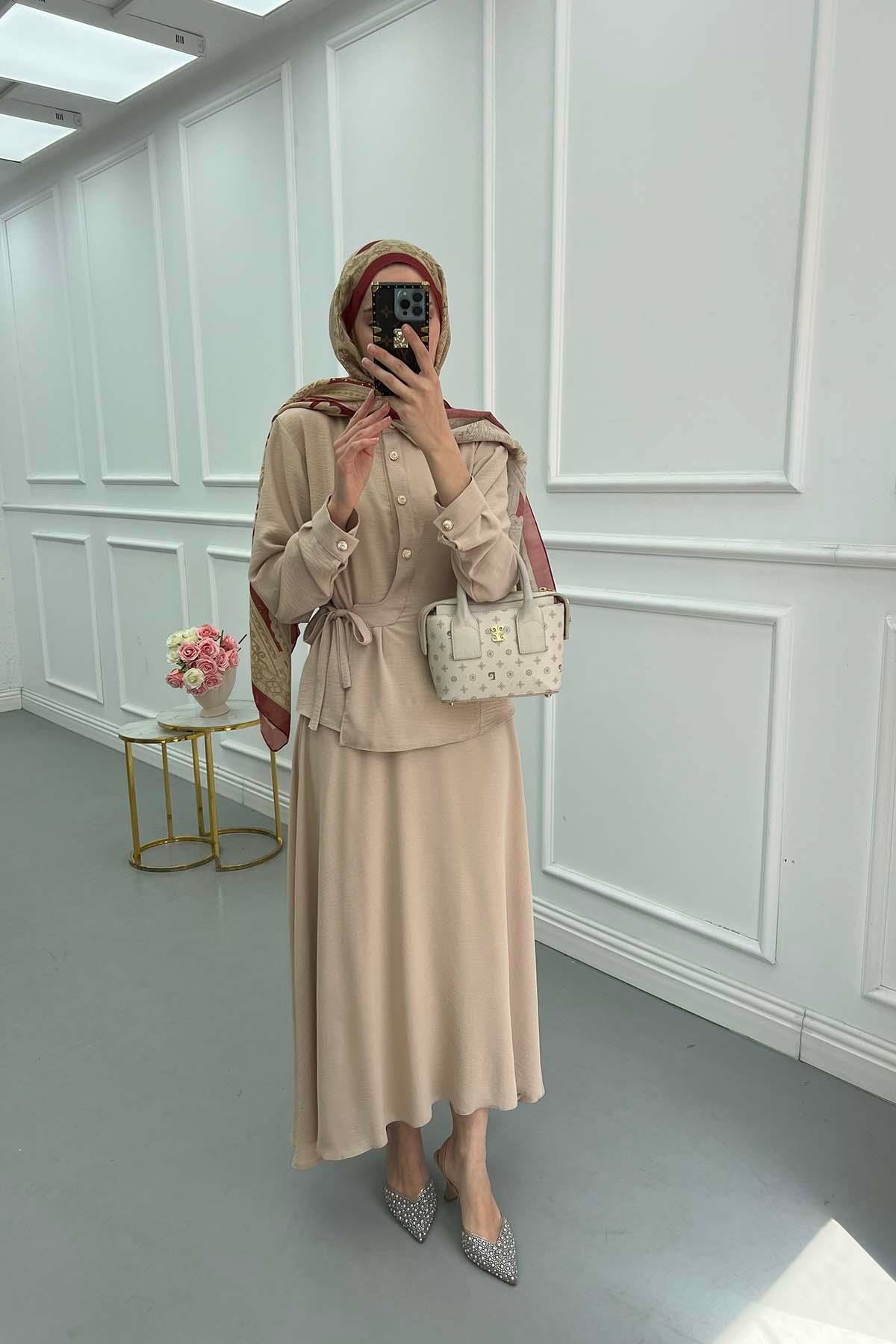 Sare Fashion Button Detailed Tie Suit Beige