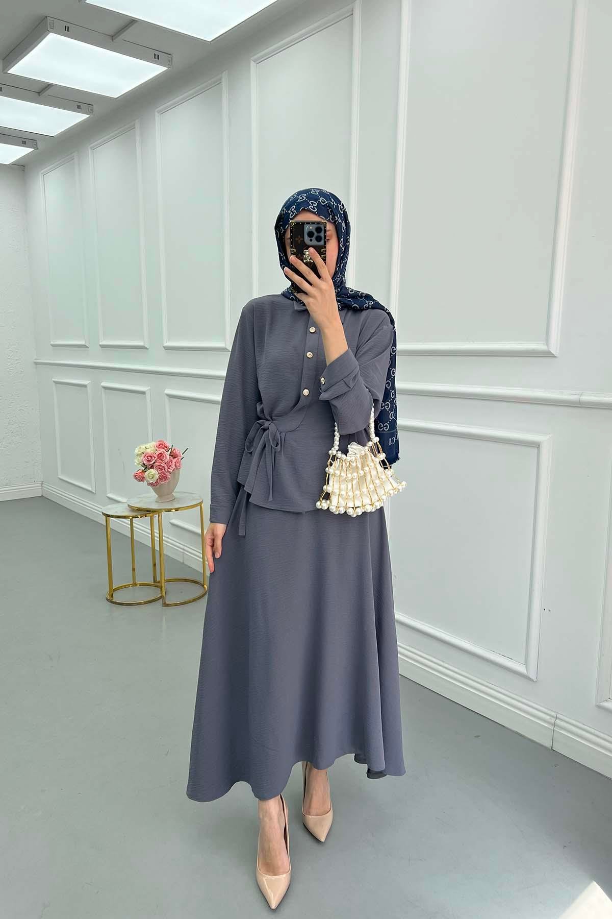 Sare Fashion Button Detailed Tie Suit Gray