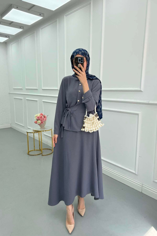 Sare Fashion Button Detailed Tie Suit Gray