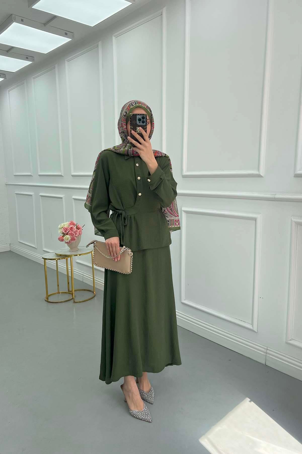Sare Fashion Button Detailed Tie Suit Khaki