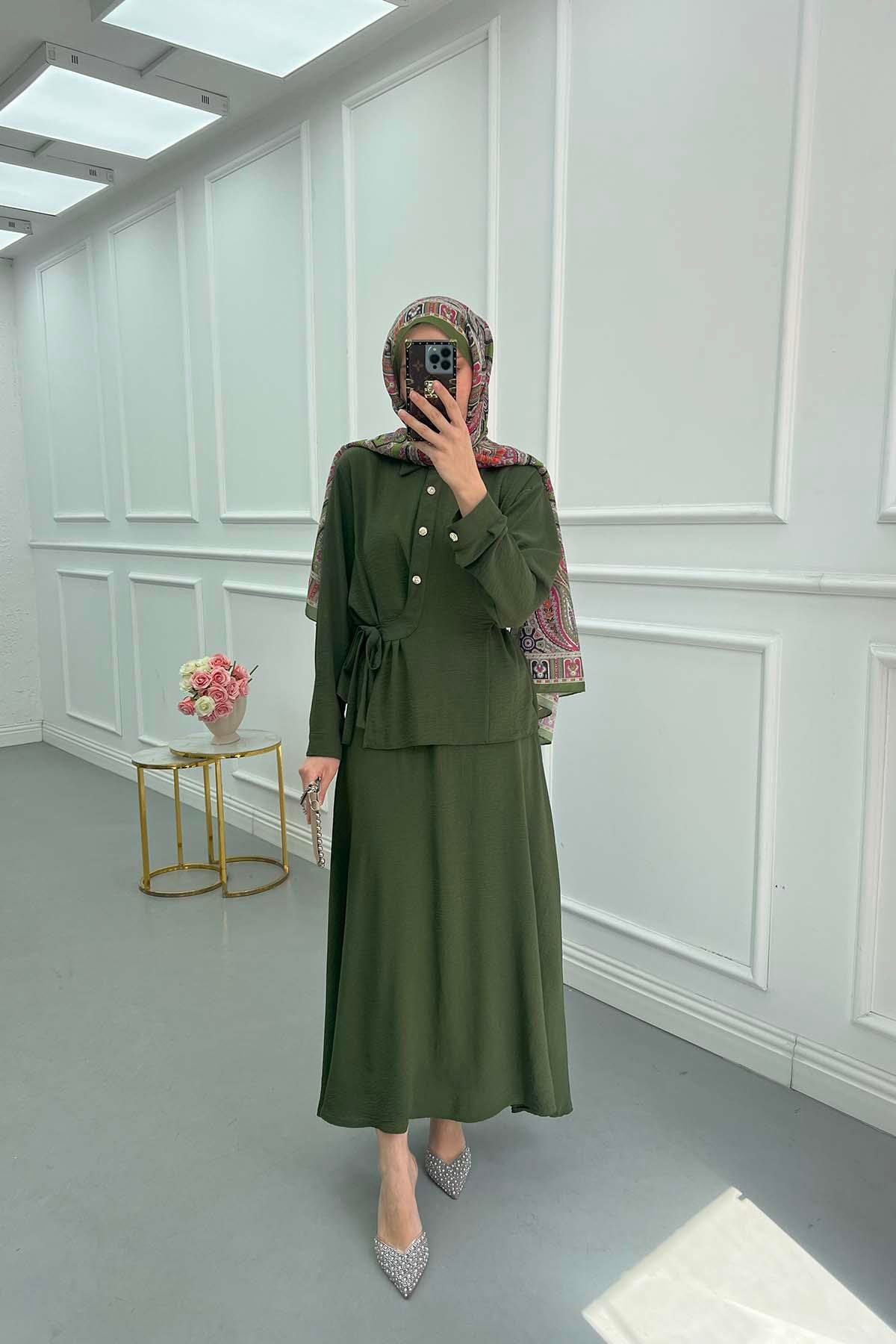 Sare Fashion Button Detailed Tie Suit Khaki