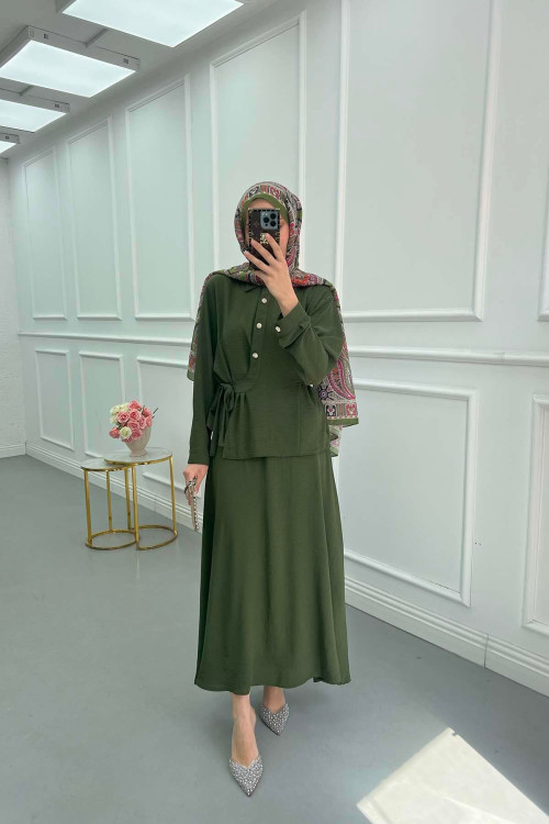 Sare Fashion Button Detailed Tie Suit Khaki