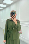Sare Fashion Button Detailed Tie Suit Khaki