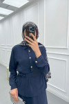 Sare Fashion Button Detailed Tie Suit Navy Blue