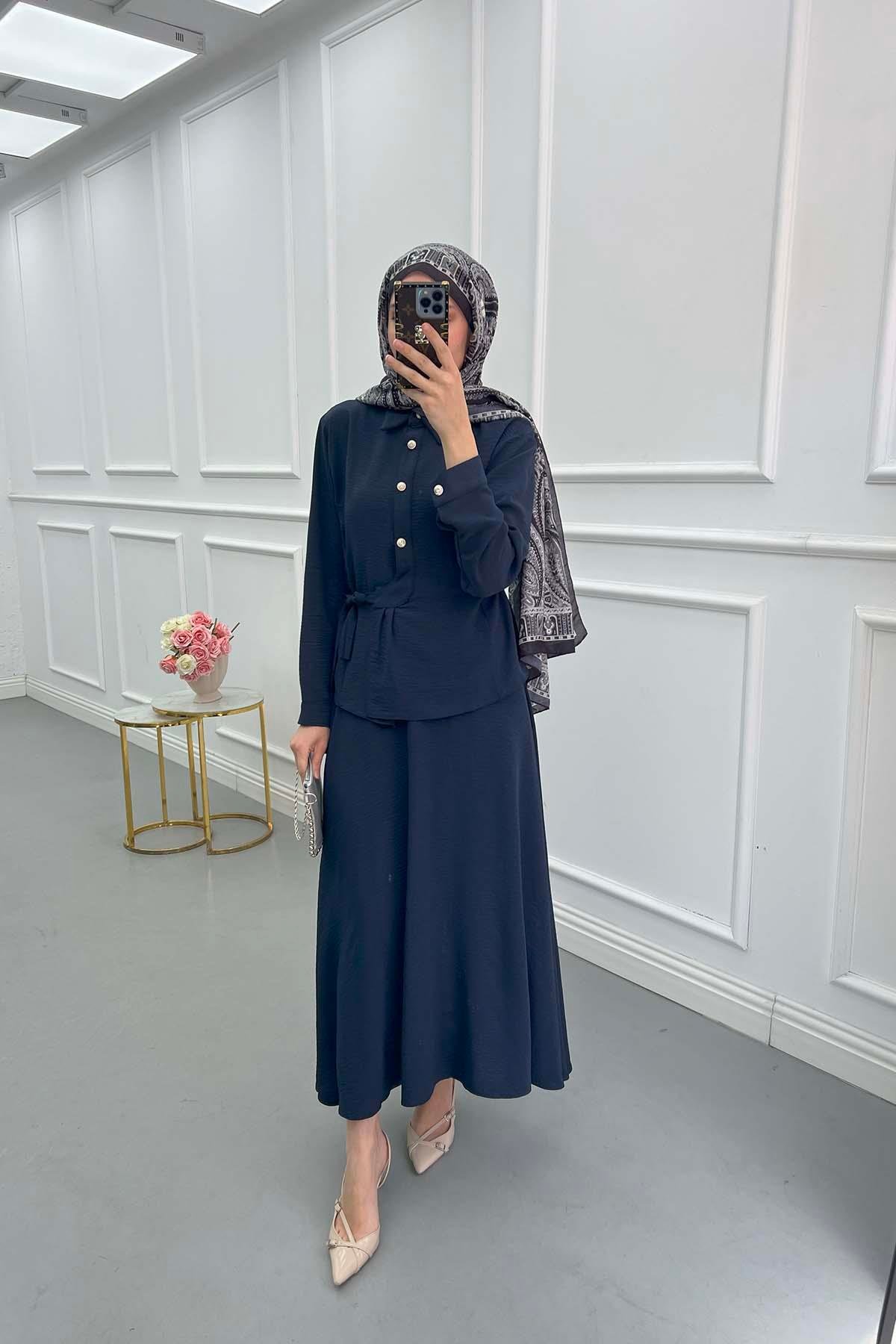 Sare Fashion Button Detailed Tie Suit Navy Blue