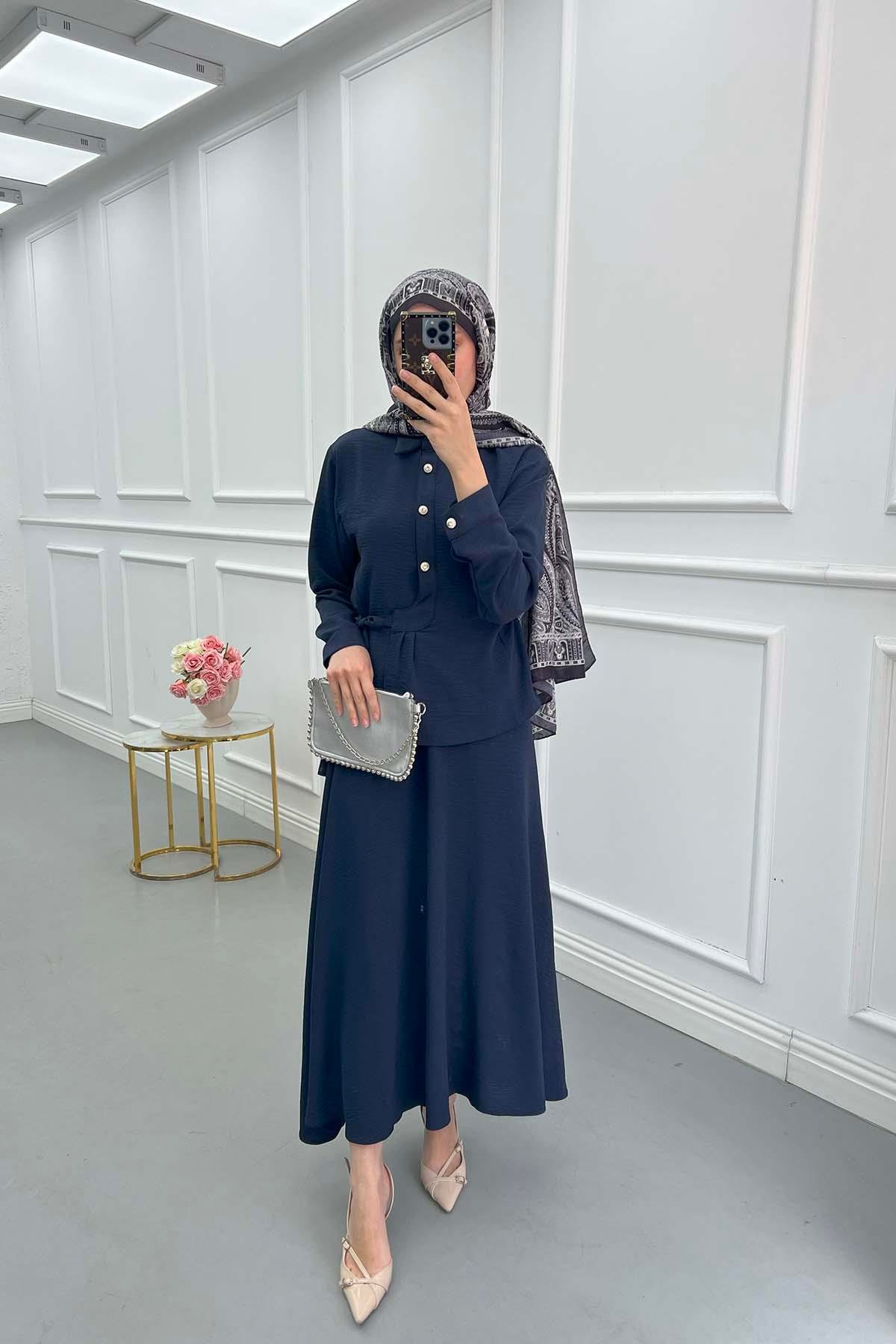 Sare Fashion Button Detailed Tie Suit Navy Blue