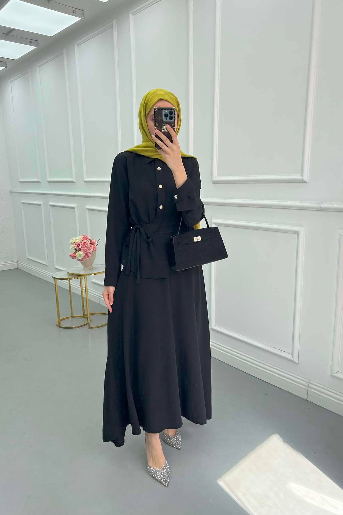 Sare Fashion Button Detailed Tie-Down Suit Black