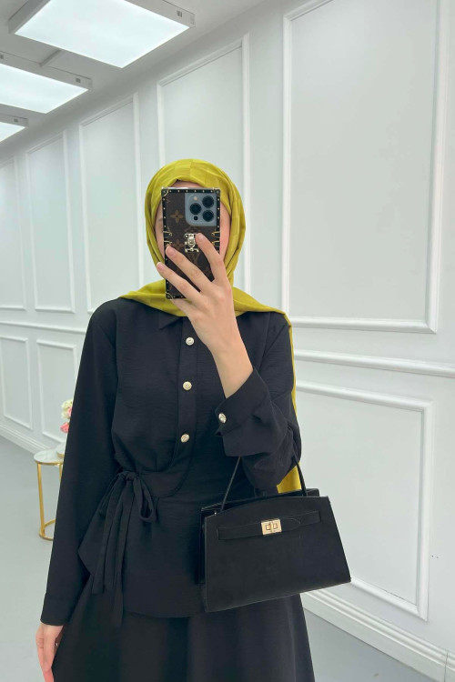 Sare Fashion Button Detailed Tie-Down Suit Black