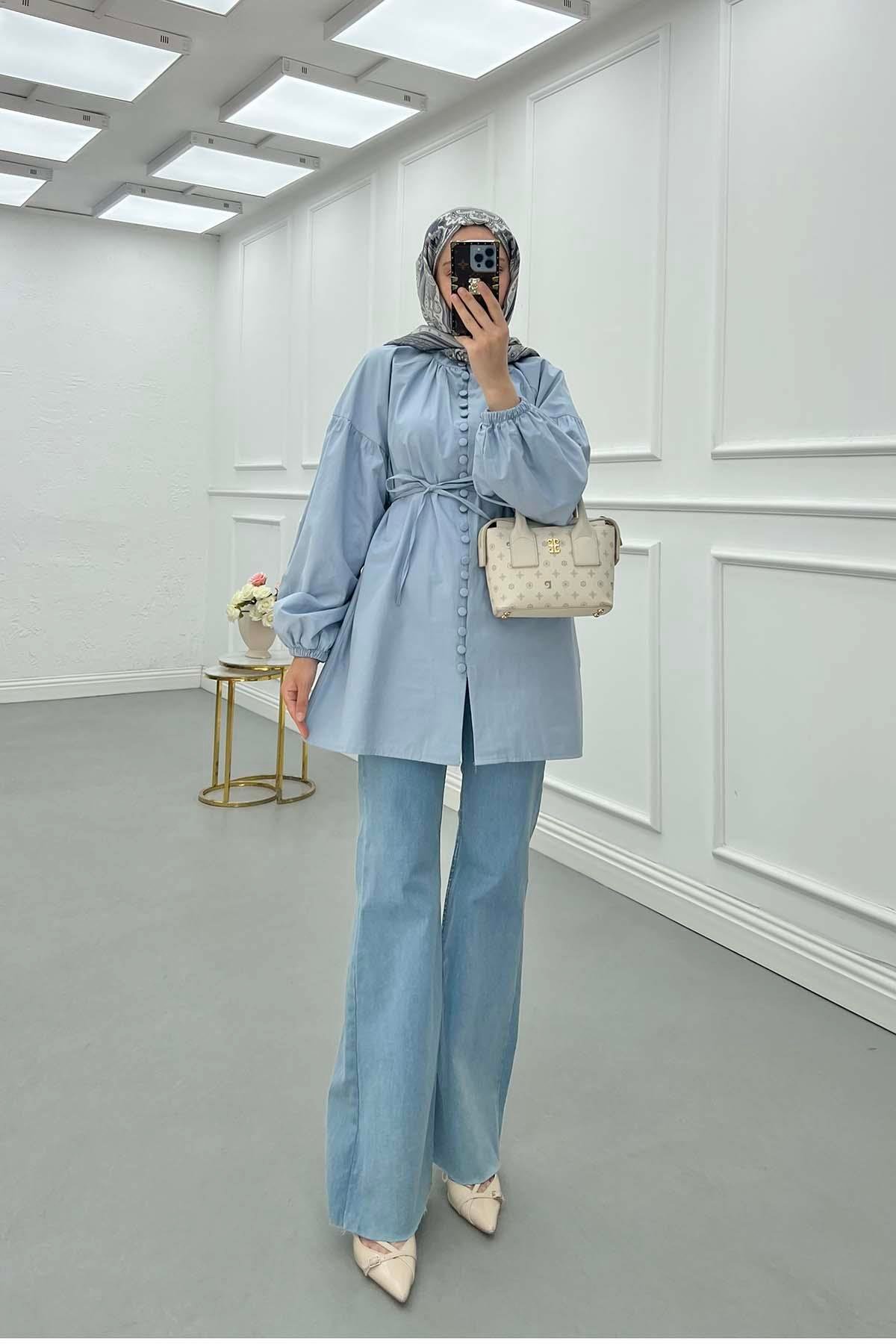 Sare Fashion Button Detailed Balloon Sleeve Shirt Baby Blue