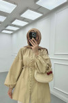 Sare Fashion Button Detailed Balloon Sleeve Shirt Beige