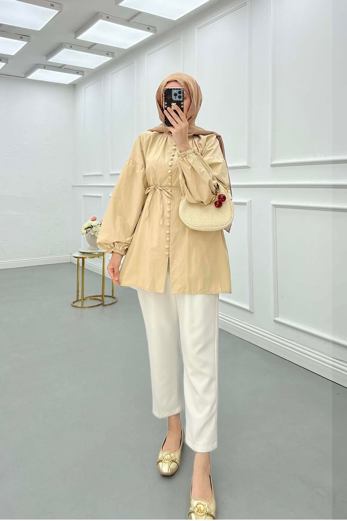 Sare Fashion Button Detailed Balloon Sleeve Shirt Beige