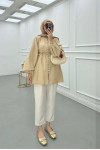 Sare Fashion Button Detailed Balloon Sleeve Shirt Beige