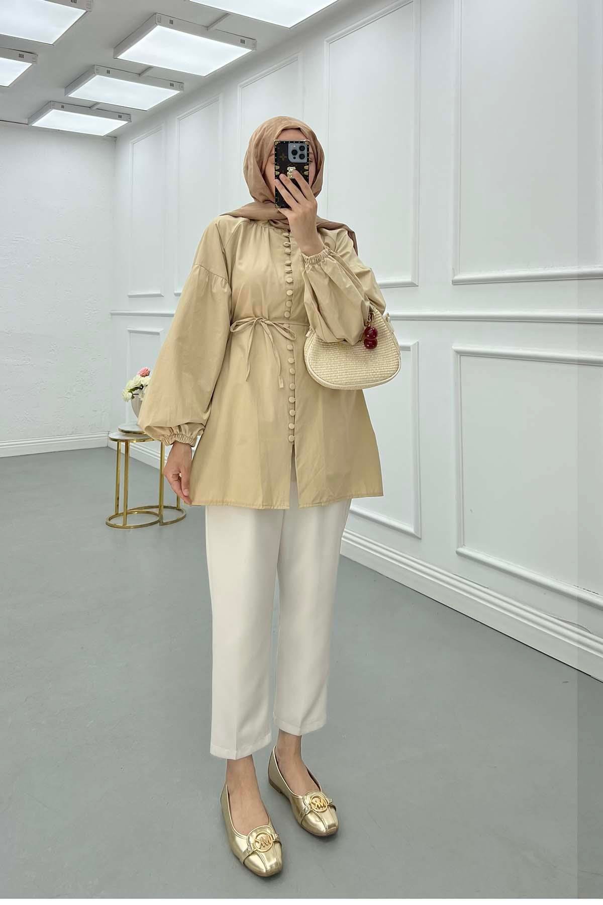 Sare Fashion Button Detailed Balloon Sleeve Shirt Beige