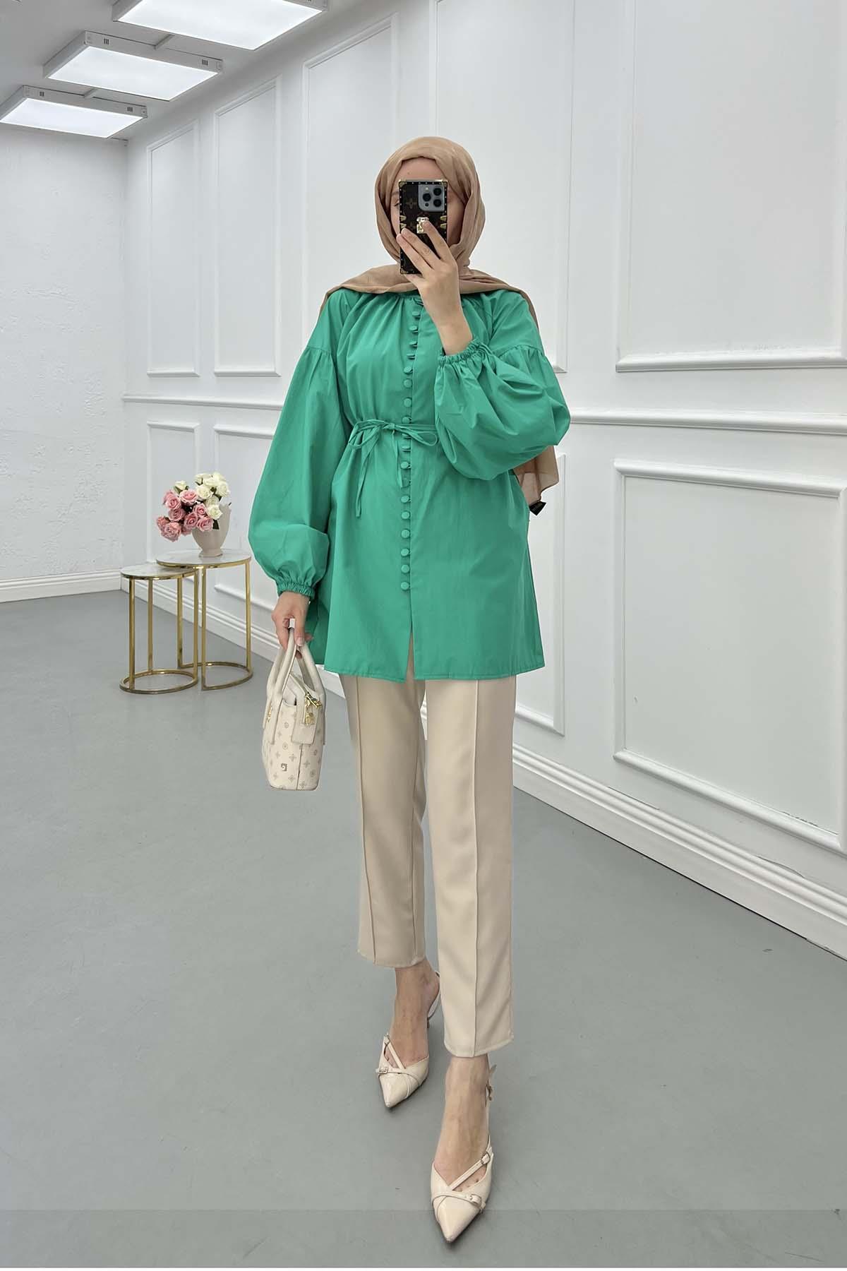 Sare Fashion Button Detailed Balloon Sleeve Shirt Benetton Green