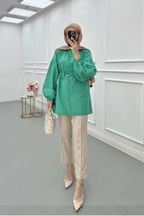 Sare Fashion Button Detailed Balloon Sleeve Shirt Benetton Green