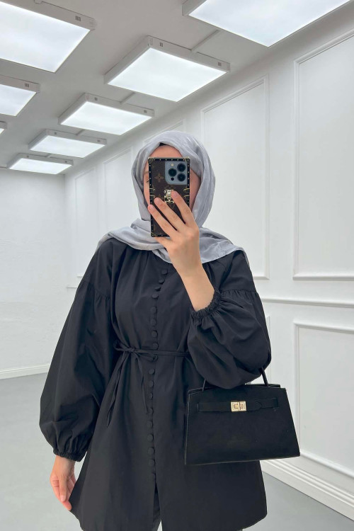 Sare Fashion Button Detailed Balloon Sleeve Shirt Black