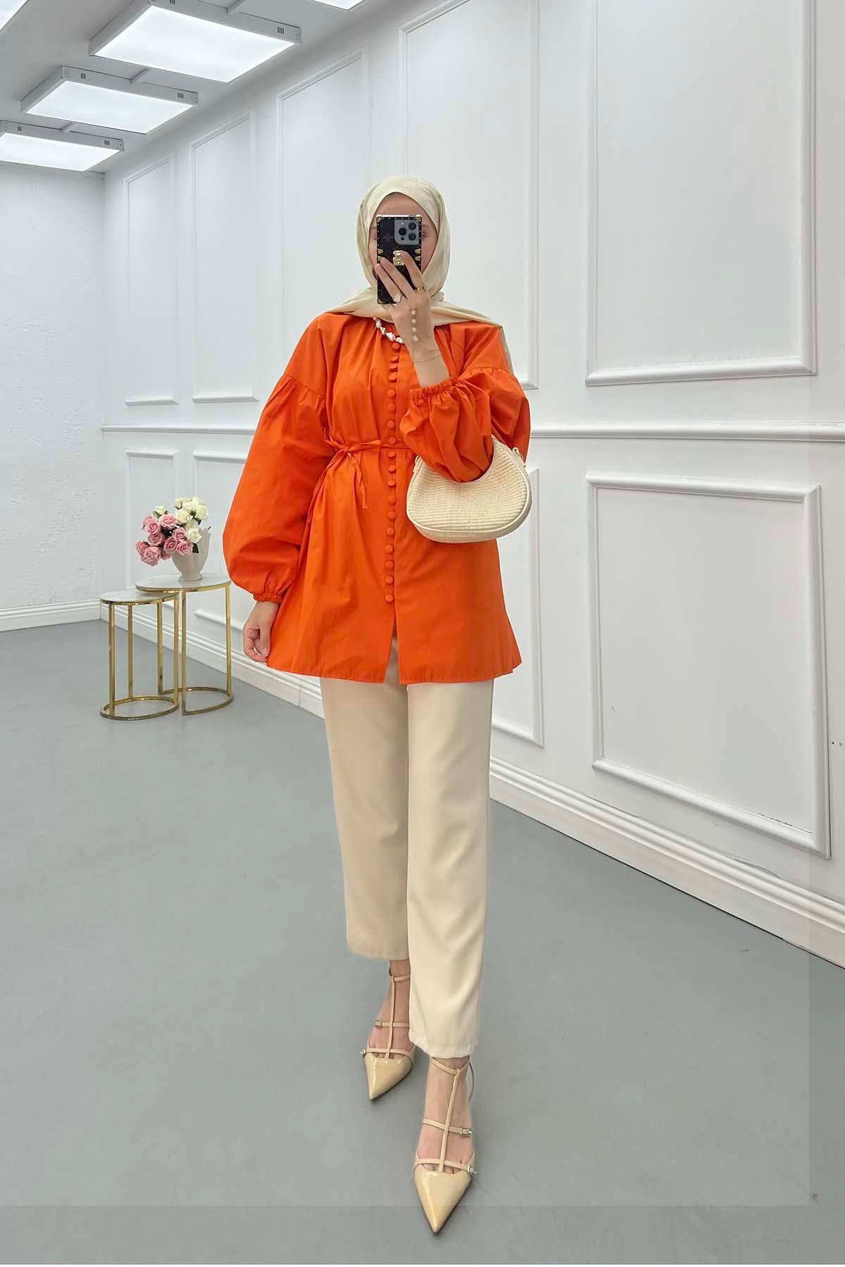 Sare Fashion Button Detailed Balloon Sleeve Shirt Orange