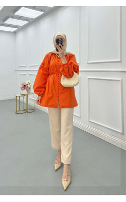 Sare Fashion Button Detailed Balloon Sleeve Shirt Orange