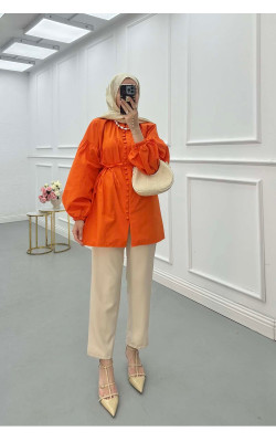 Sare Fashion Button Detailed Balloon Sleeve Shirt Orange