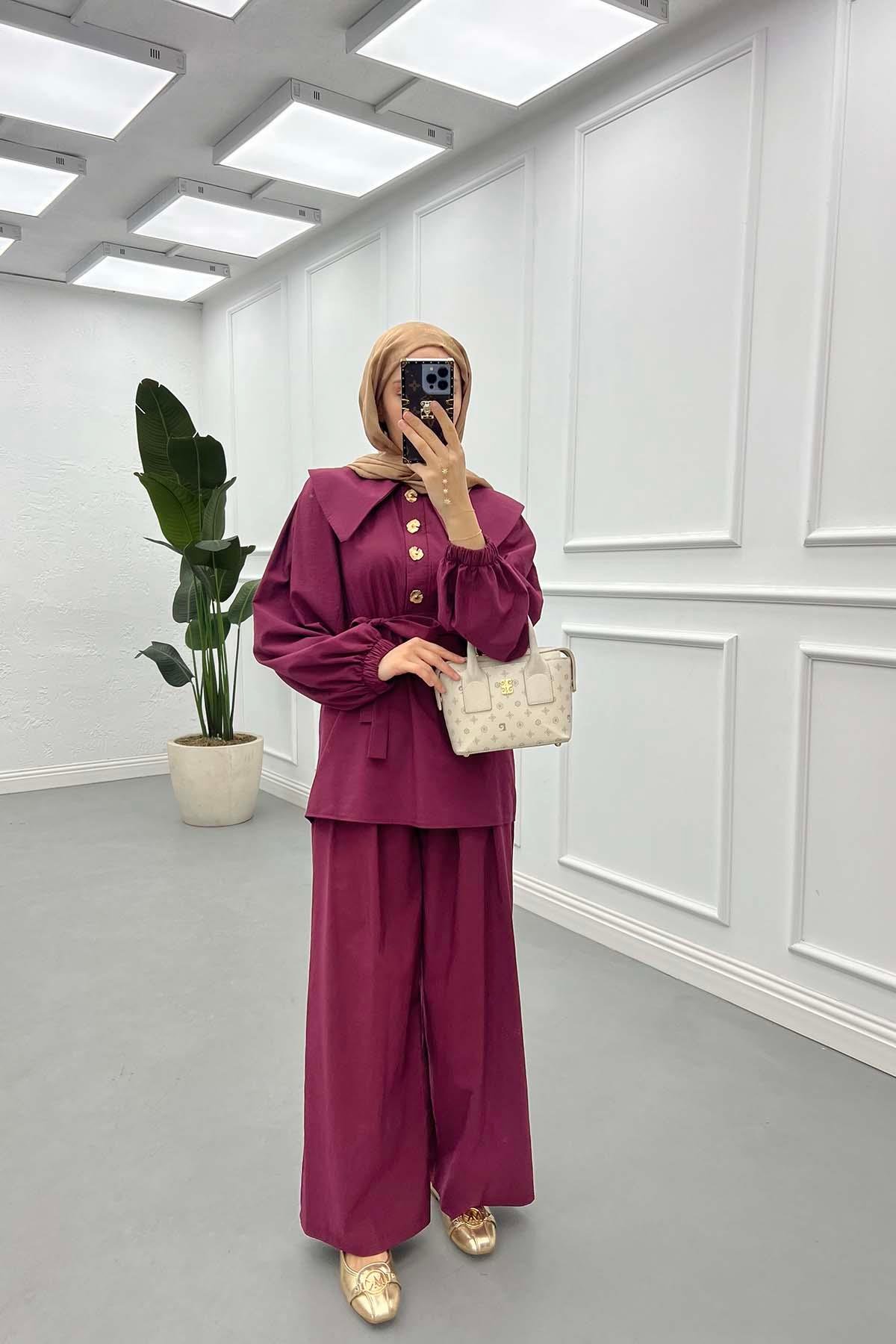 Sare Fashion Button Detailed Baby Collar Trouser Suit Claret Red