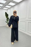 Sare Fashion Button Detailed Baby Collar Trouser Set Black