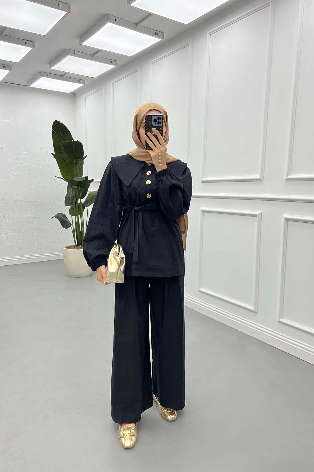 Sare Fashion Button Detailed Baby Collar Trouser Set Black
