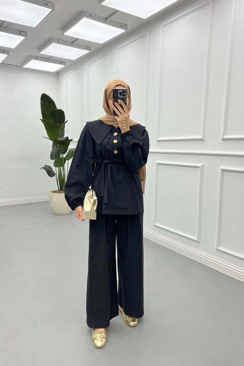 Sare Fashion Button Detailed Baby Collar Trouser Set Black