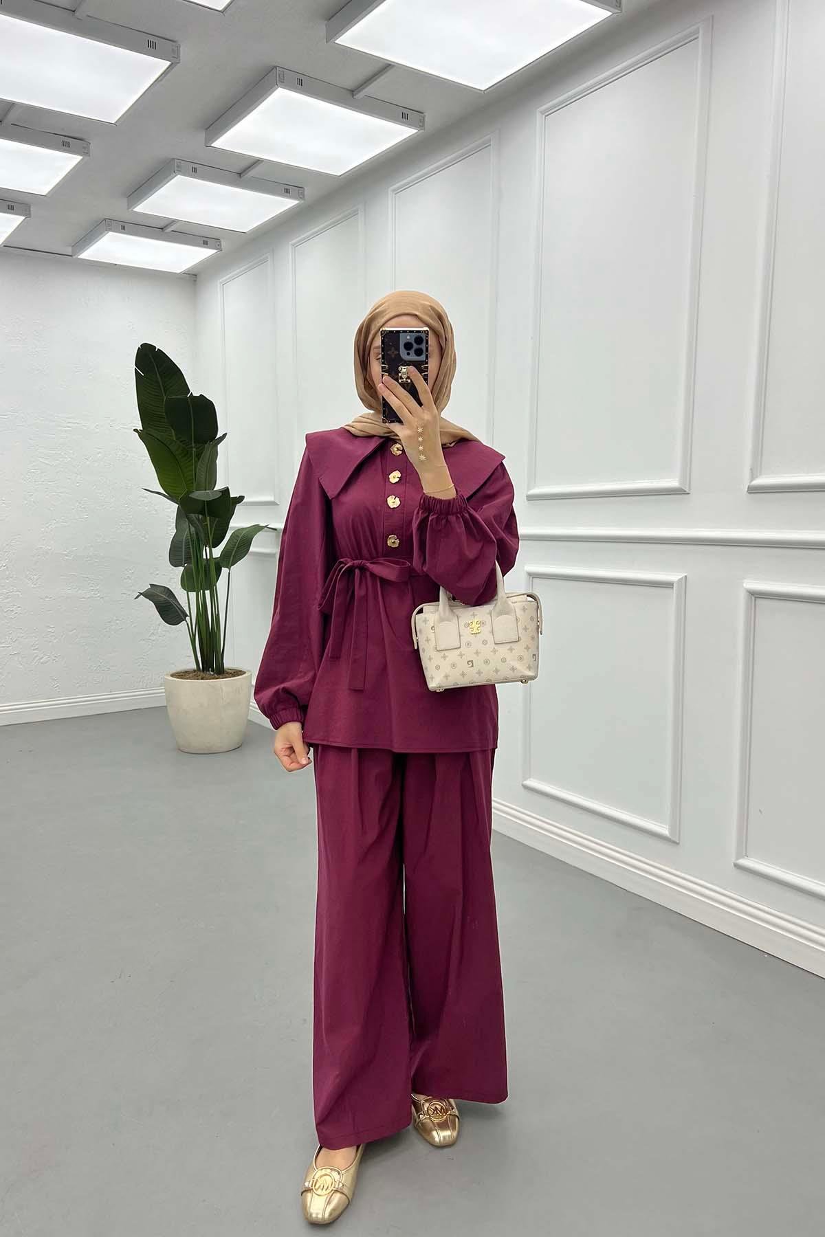 Sare Fashion Button Detailed Baby Collar Trouser Suit Claret Red