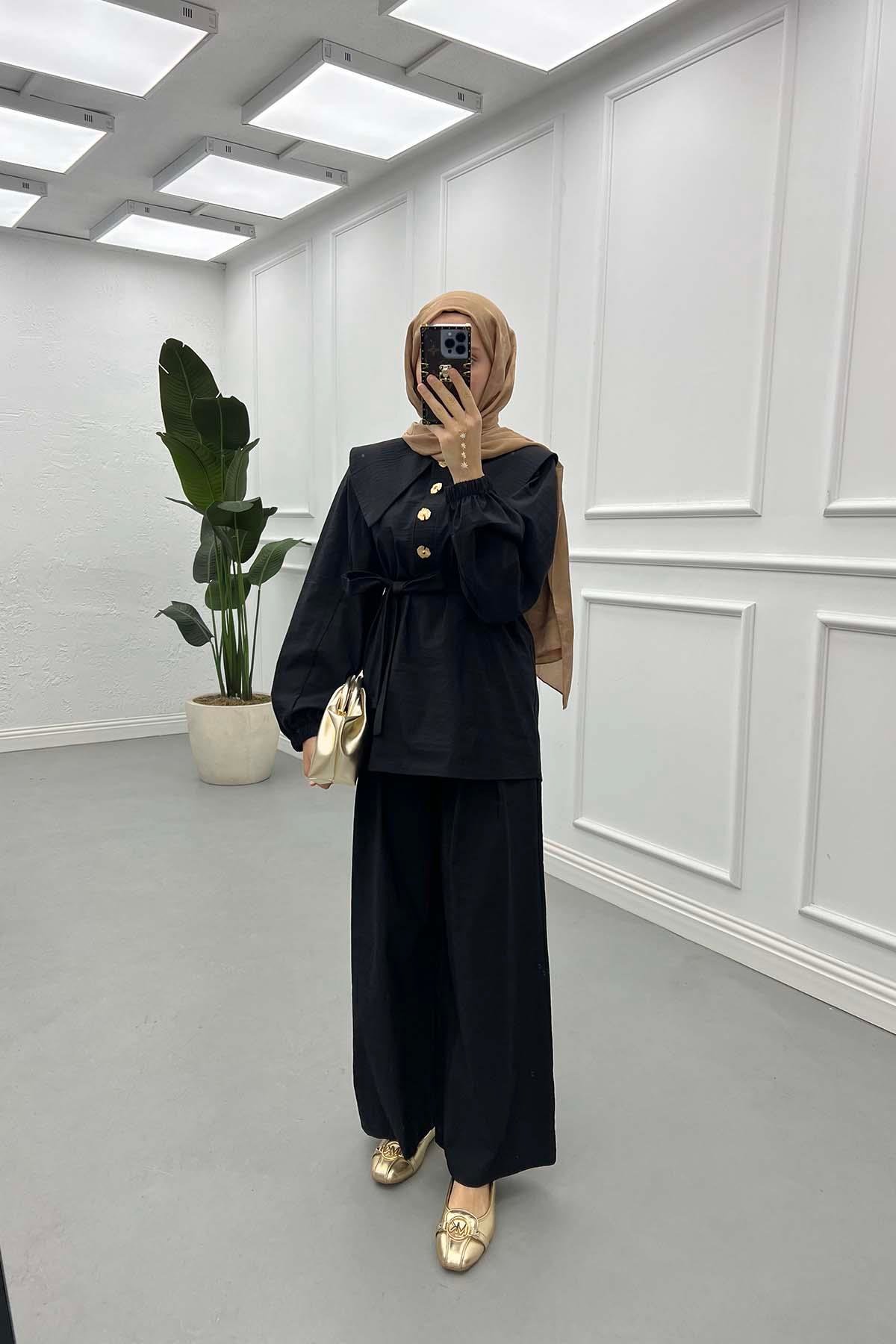 Sare Fashion Button Detailed Baby Collar Trouser Set Black