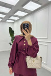 Sare Fashion Button Detailed Baby Collar Trouser Suit Claret Red