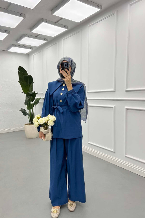 Sare Fashion Button Detailed Baby Collar Trouser Set Blue
