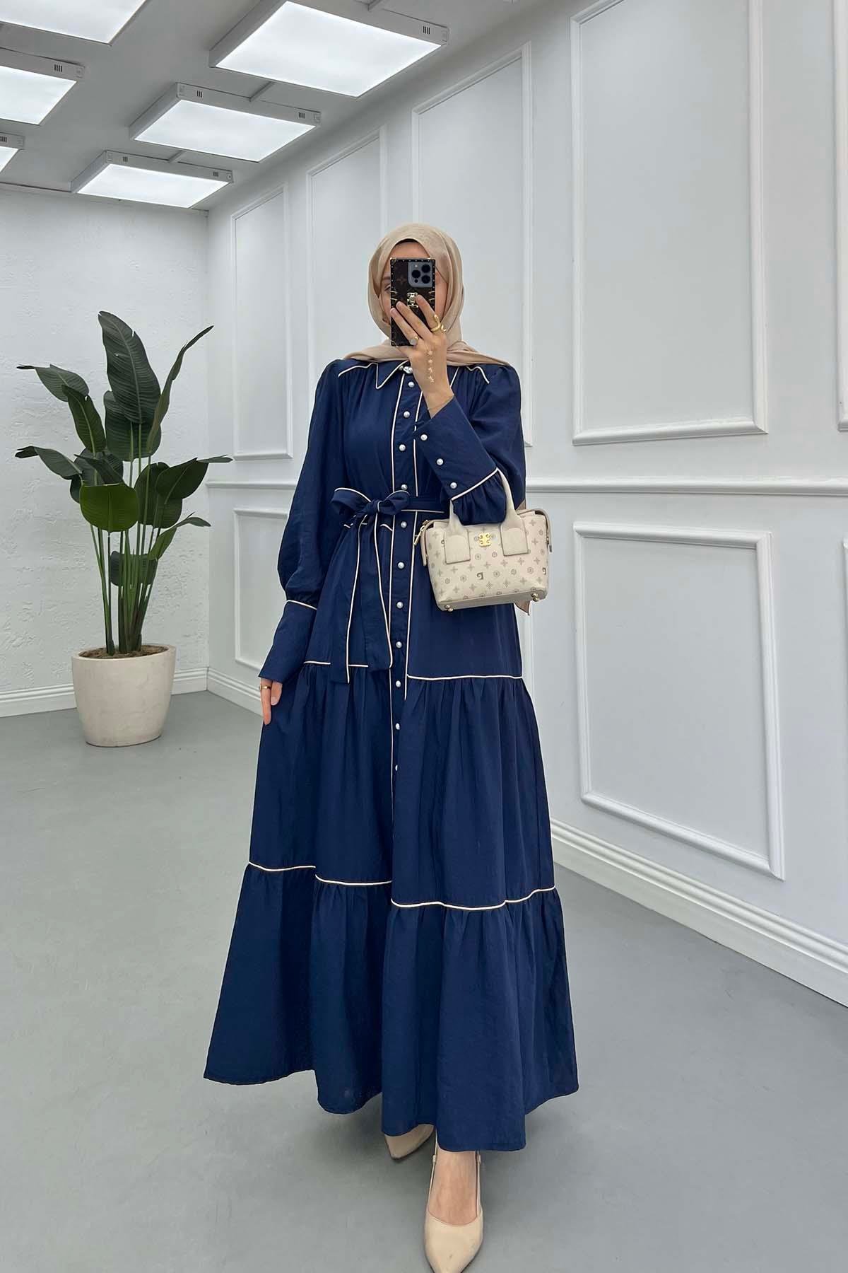 Sare Fashion Button Detailed Piping Dress Navy Blue