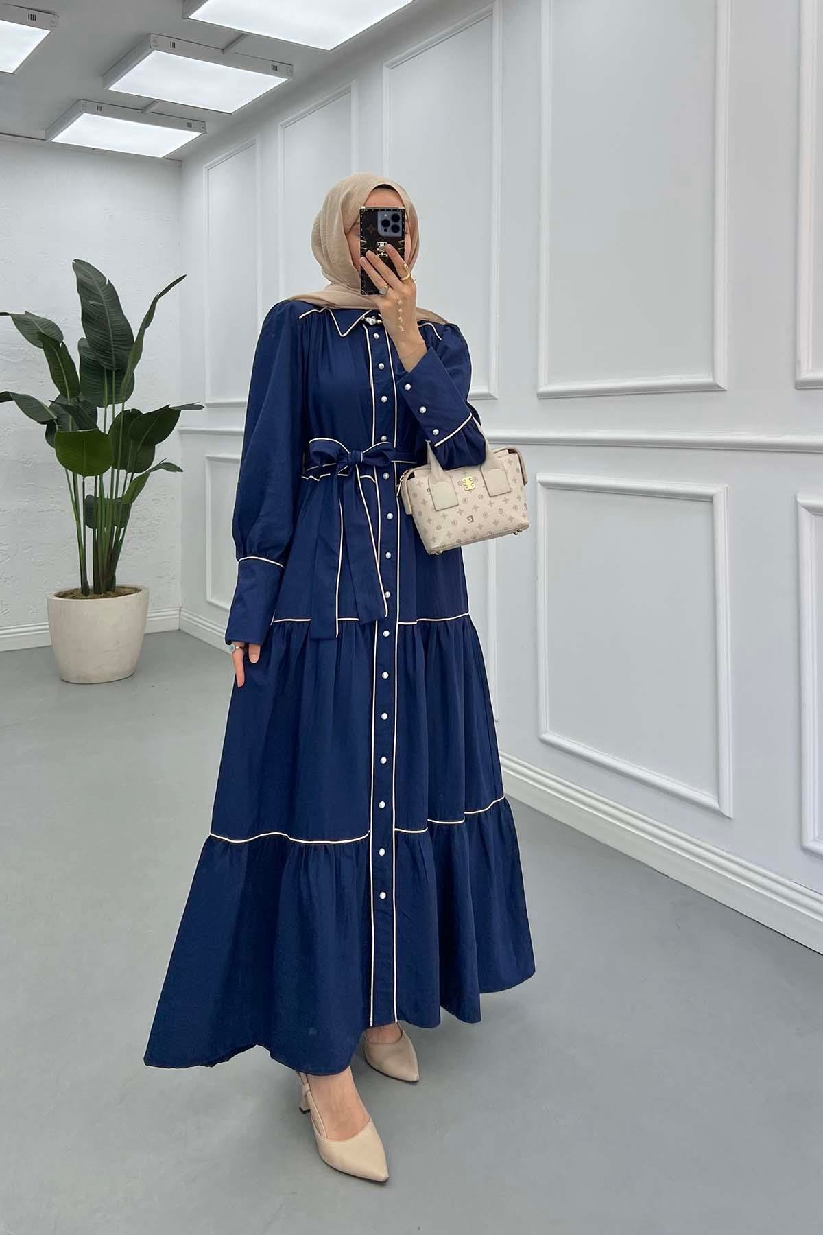 Sare Fashion Button Detailed Piping Dress Navy Blue
