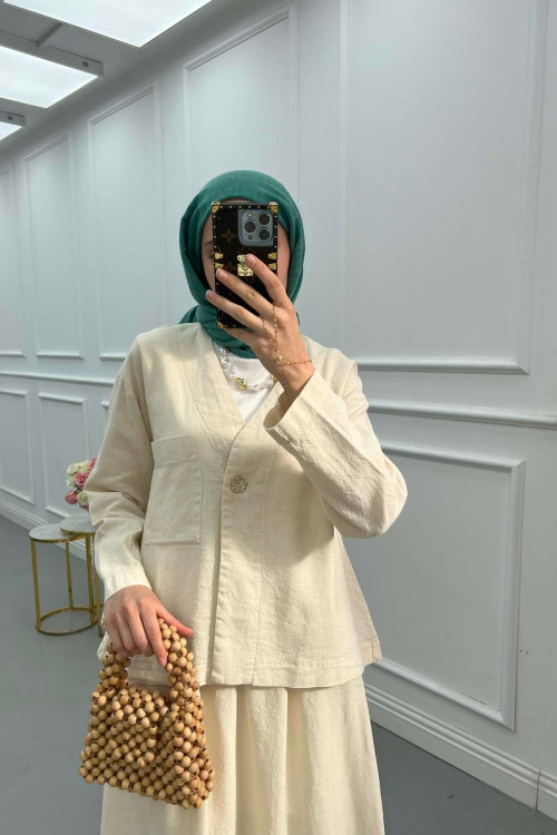 Sare Fashion Button Detailed Jacket Set Beige