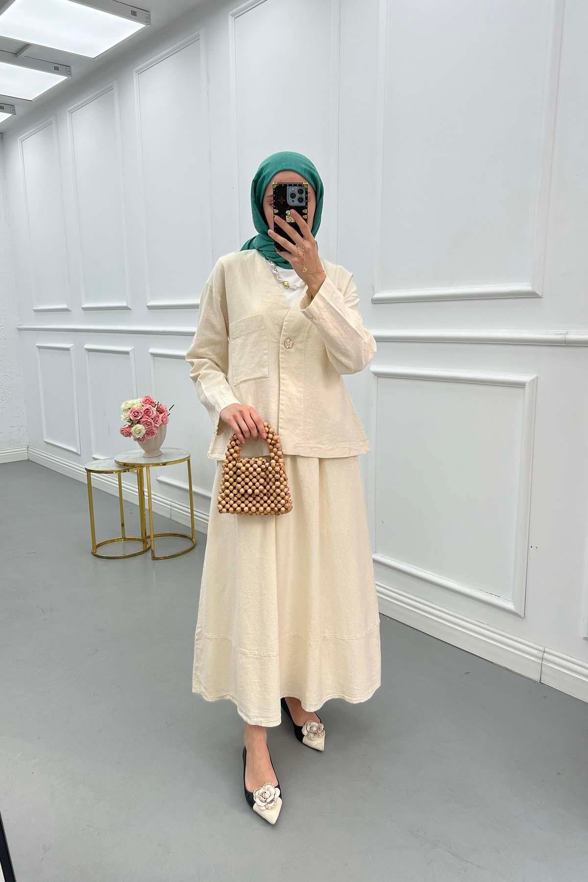 Sare Fashion Button Detailed Jacket Set Beige