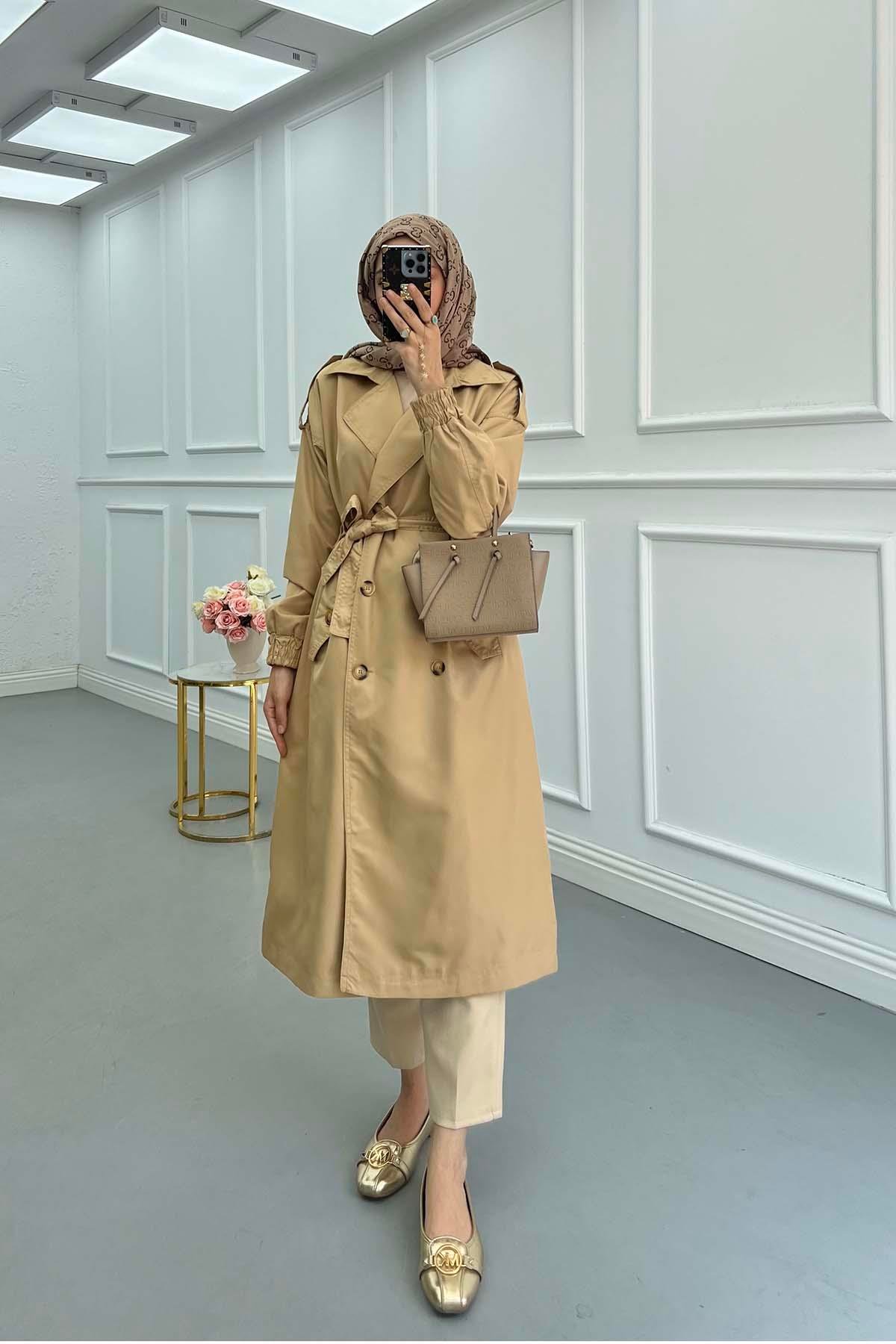 Sare Fashion Button Detailed Pocket Trench Coat Milky Coffee