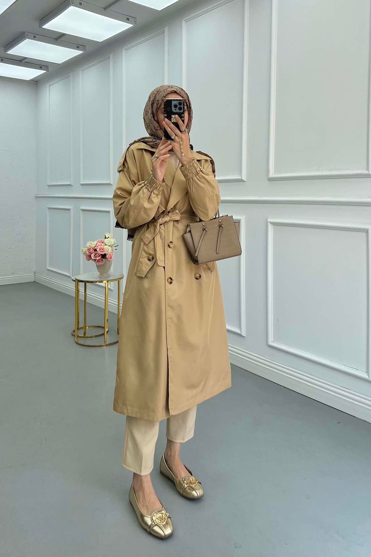 Sare Fashion Button Detailed Pocket Trench Coat Milky Coffee
