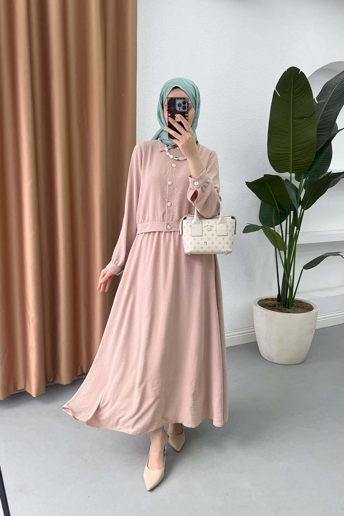 Sare Fashion Button Detailed Skirt Suit Beige