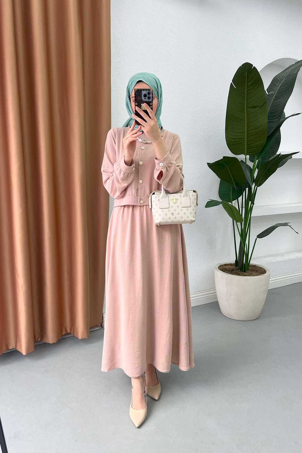 Sare Fashion Button Detailed Skirt Suit Beige