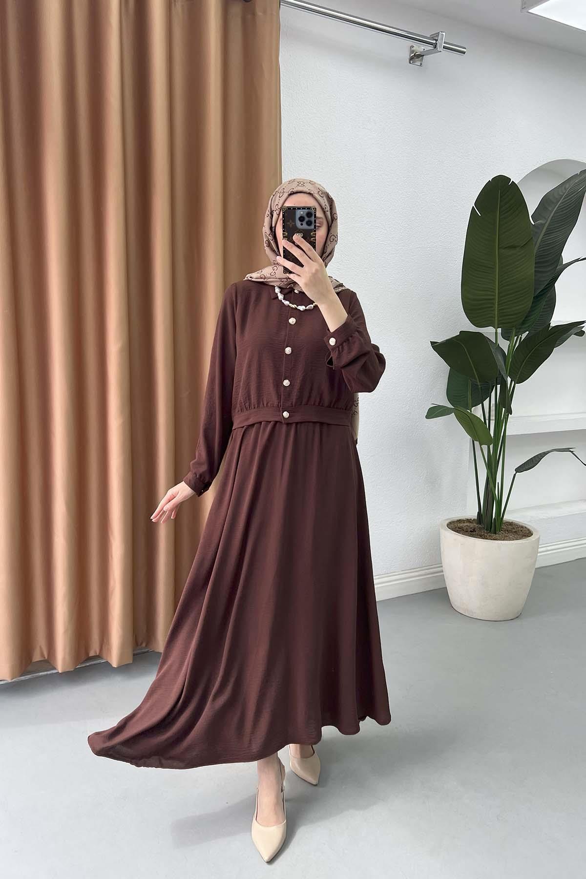 Sare Fashion Button Detailed Skirt Suit Brown