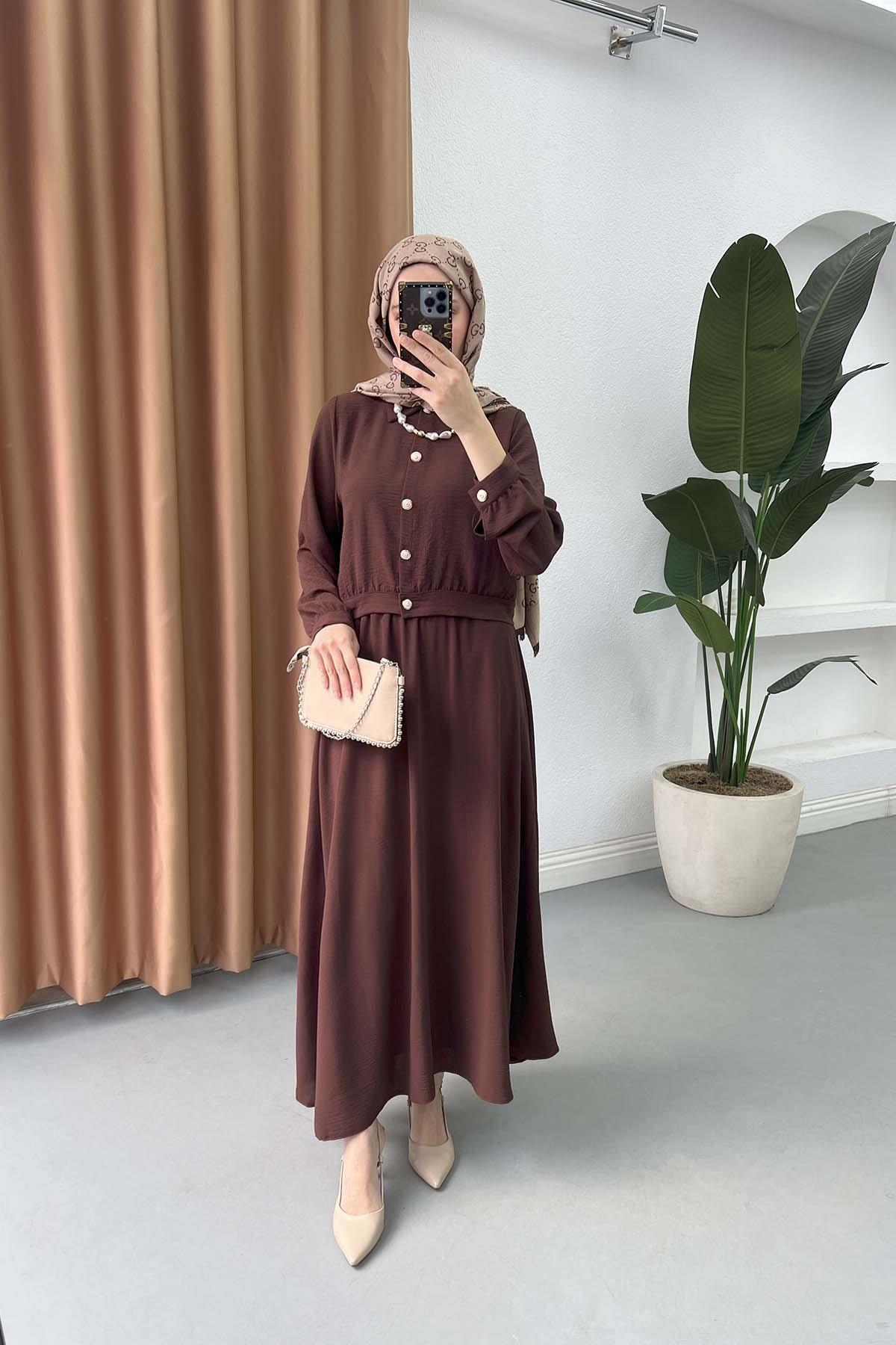 Sare Fashion Button Detailed Skirt Suit Brown