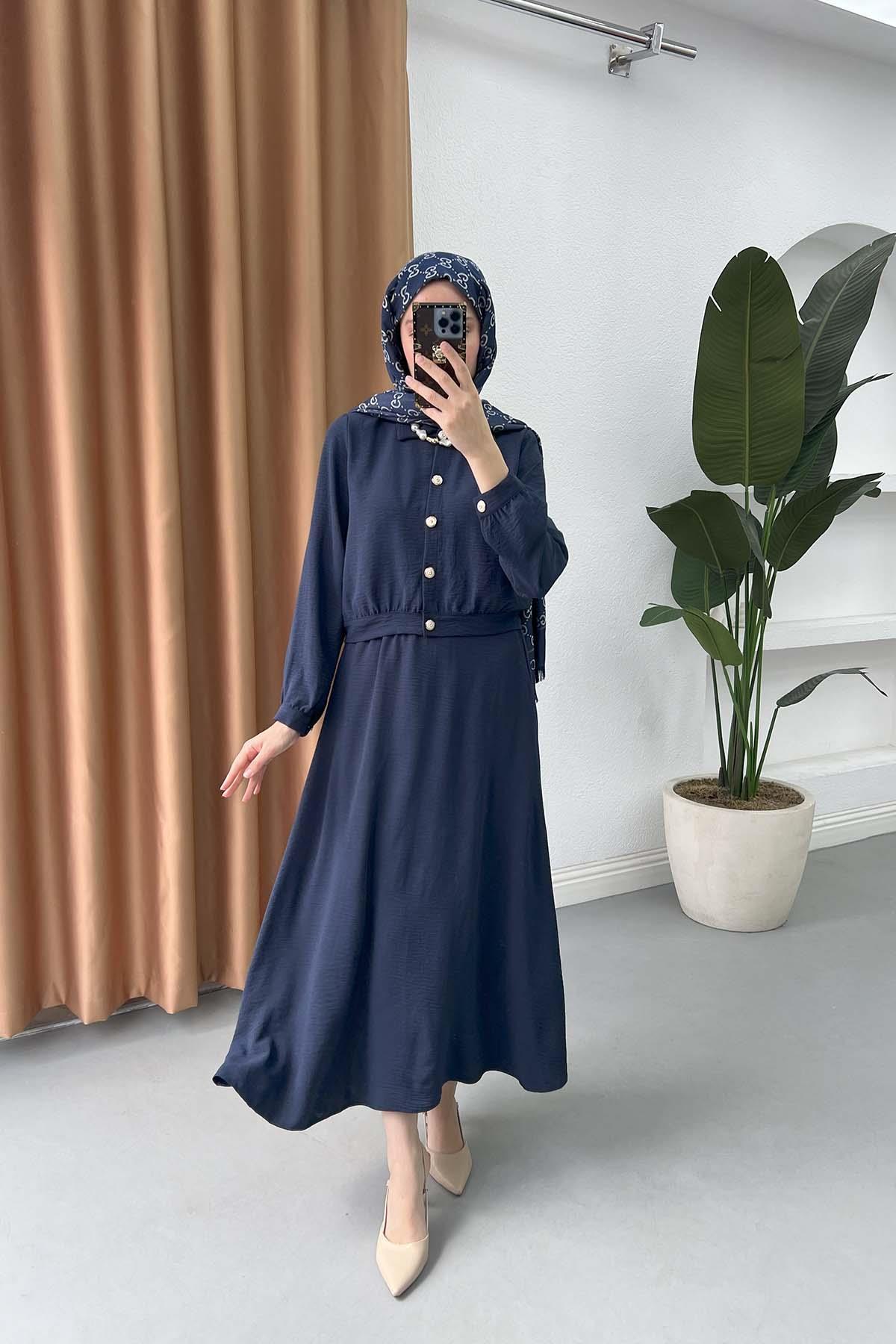 Sare Fashion Button Detailed Skirt Suit Navy Blue