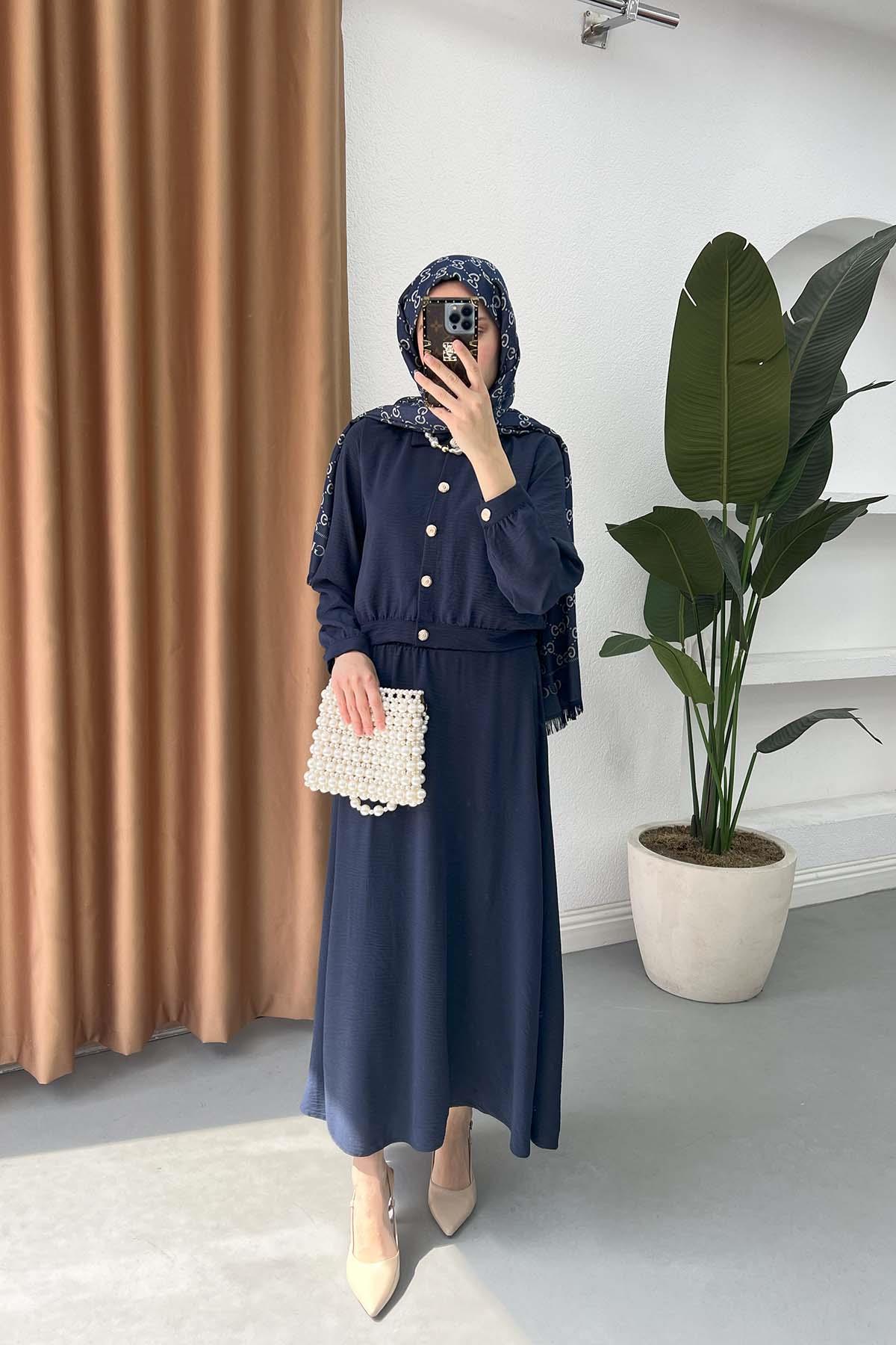 Sare Fashion Button Detailed Skirt Suit Navy Blue