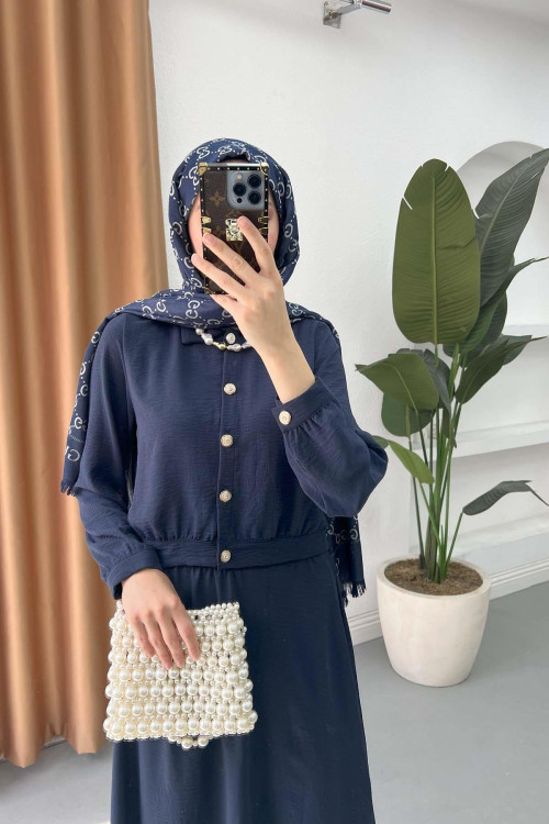 Sare Fashion Button Detailed Skirt Suit Navy Blue