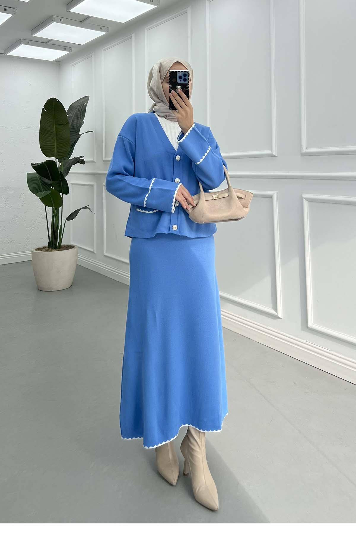 Sare Fashion Button Detailed Skirted Knitwear Suit Blue Sare Fashion Button Detailed Skirted Knitwear Suit Blue